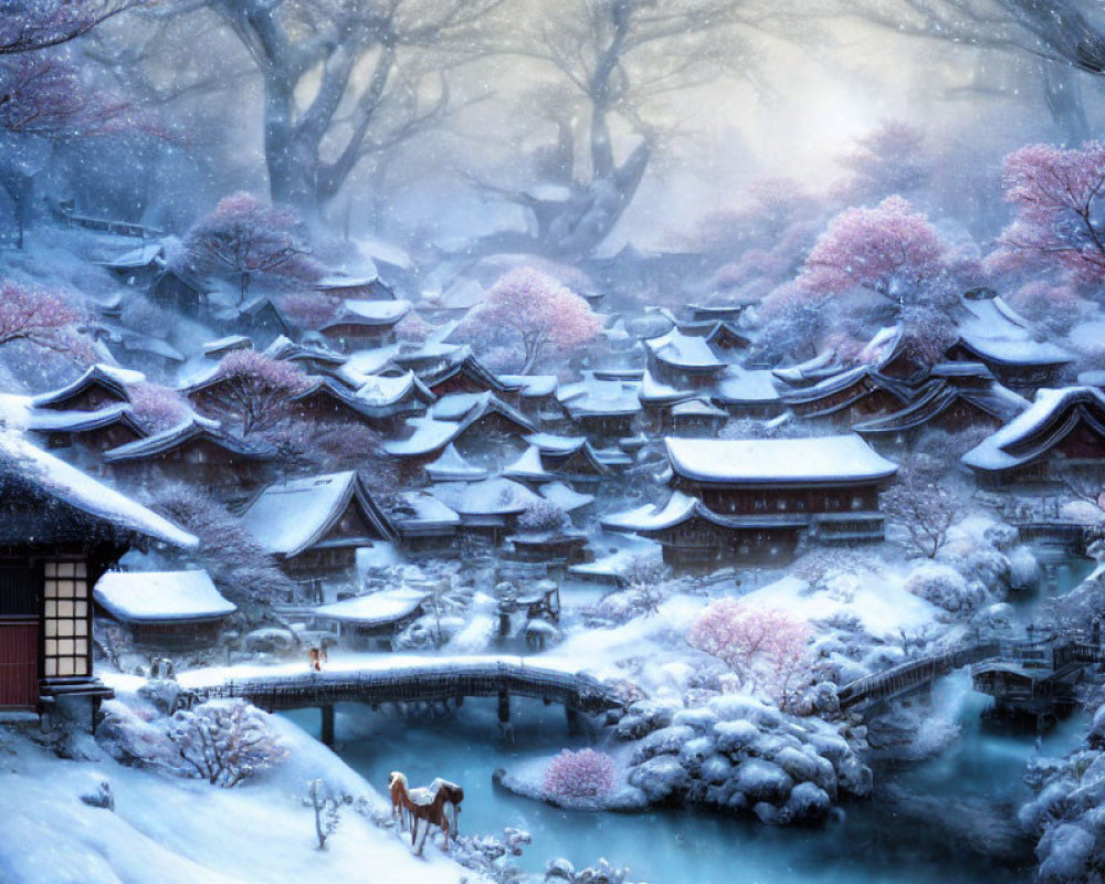 Snow-covered traditional houses, cherry blossoms, stream, bridge, and soft glowing light in winter scene