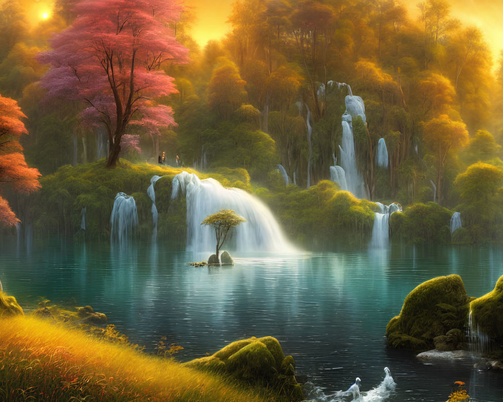 Tranquil landscape with waterfalls, blue waters, greenery, and autumn trees
