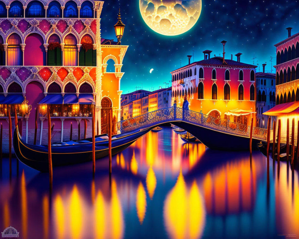 Digital Art: Venetian Canals Night Scene with Gondolas & Full Moon