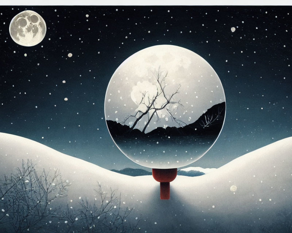 Snowy Crystal Ball Scene with Tree Silhouette and Full Moon