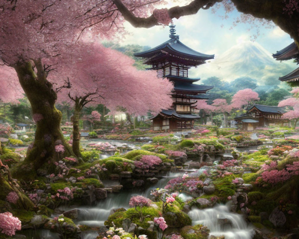 Japanese garden with cherry blossoms, stream, pagoda, Mt. Fuji