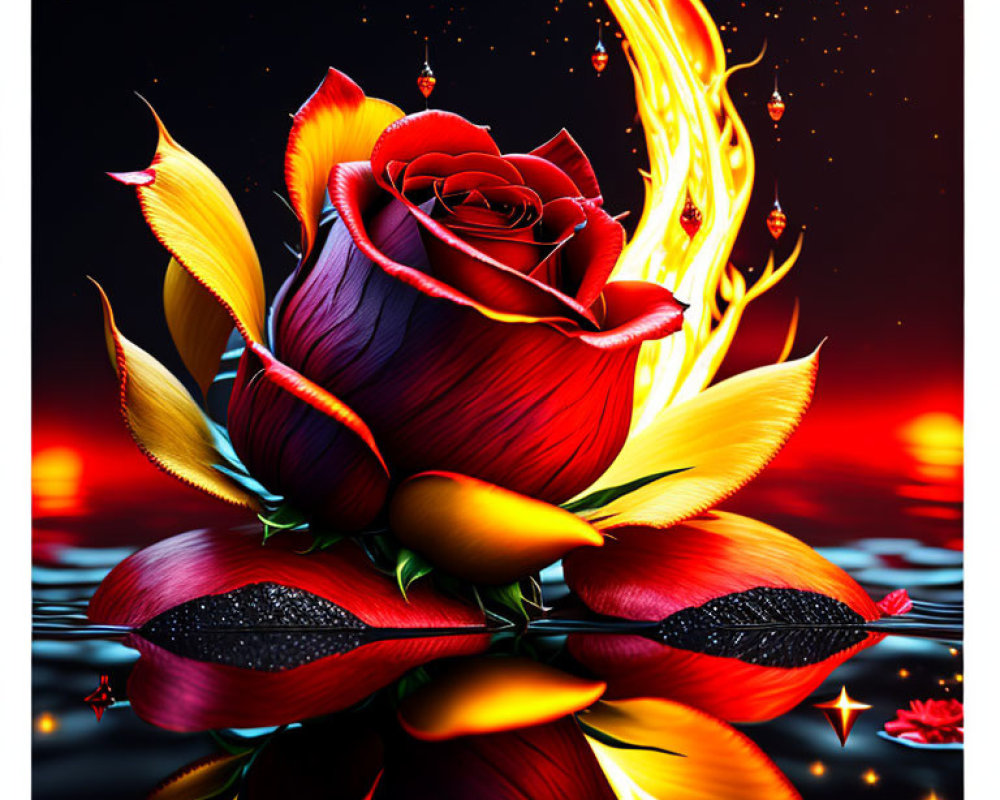 Colorful artwork: Red rose engulfed in flames on reflective dark background