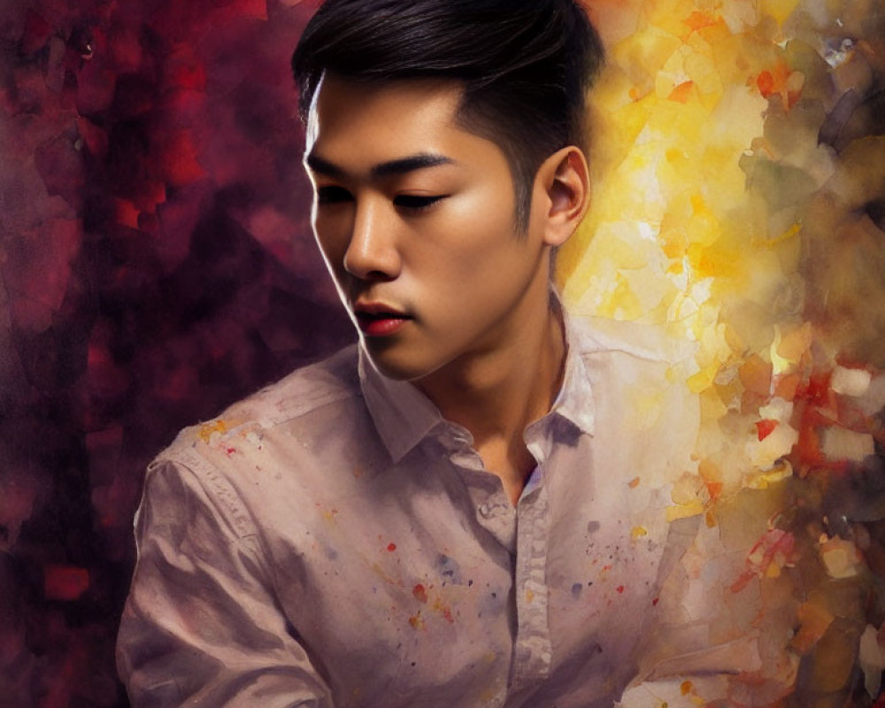 Profile of a young man in light shirt on vibrant abstract background