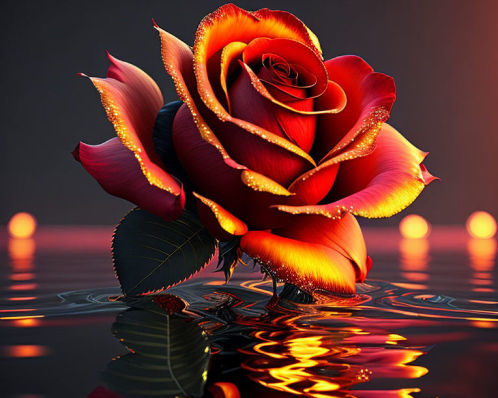 Red and Orange Glitter Rose Reflected on Water Surface