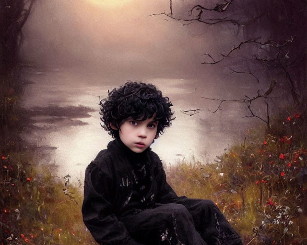 Curly-Haired Child in Surreal Misty Landscape with Moon or Sun