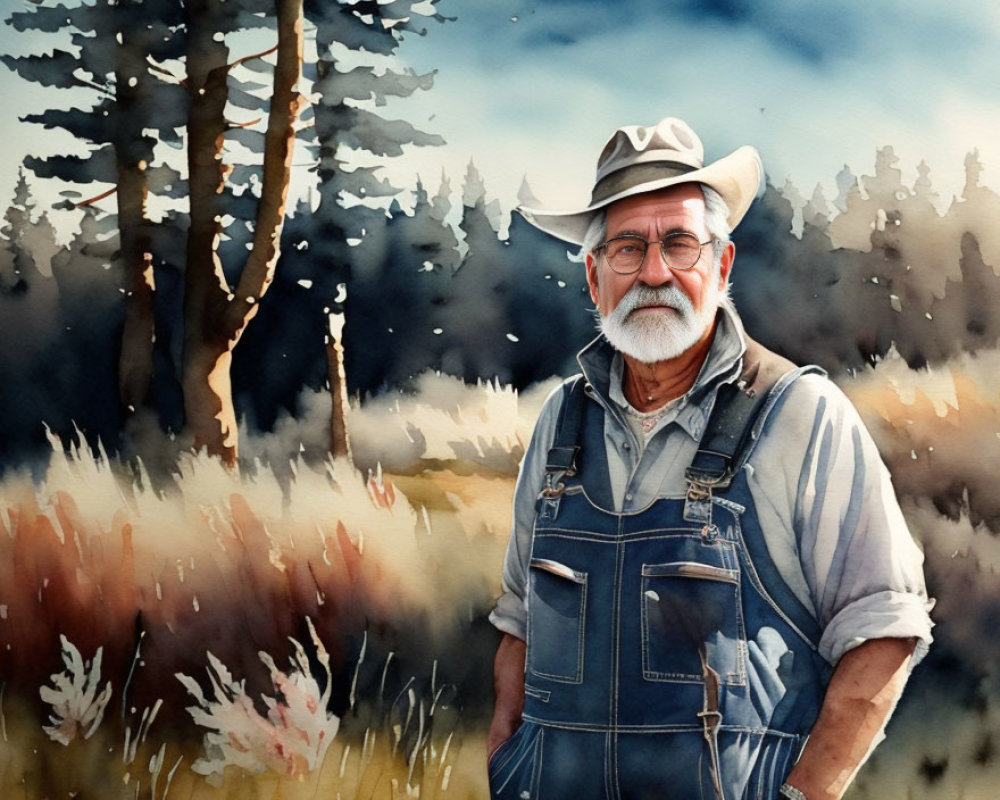 Elderly man in overalls and hat in watercolor field portrait