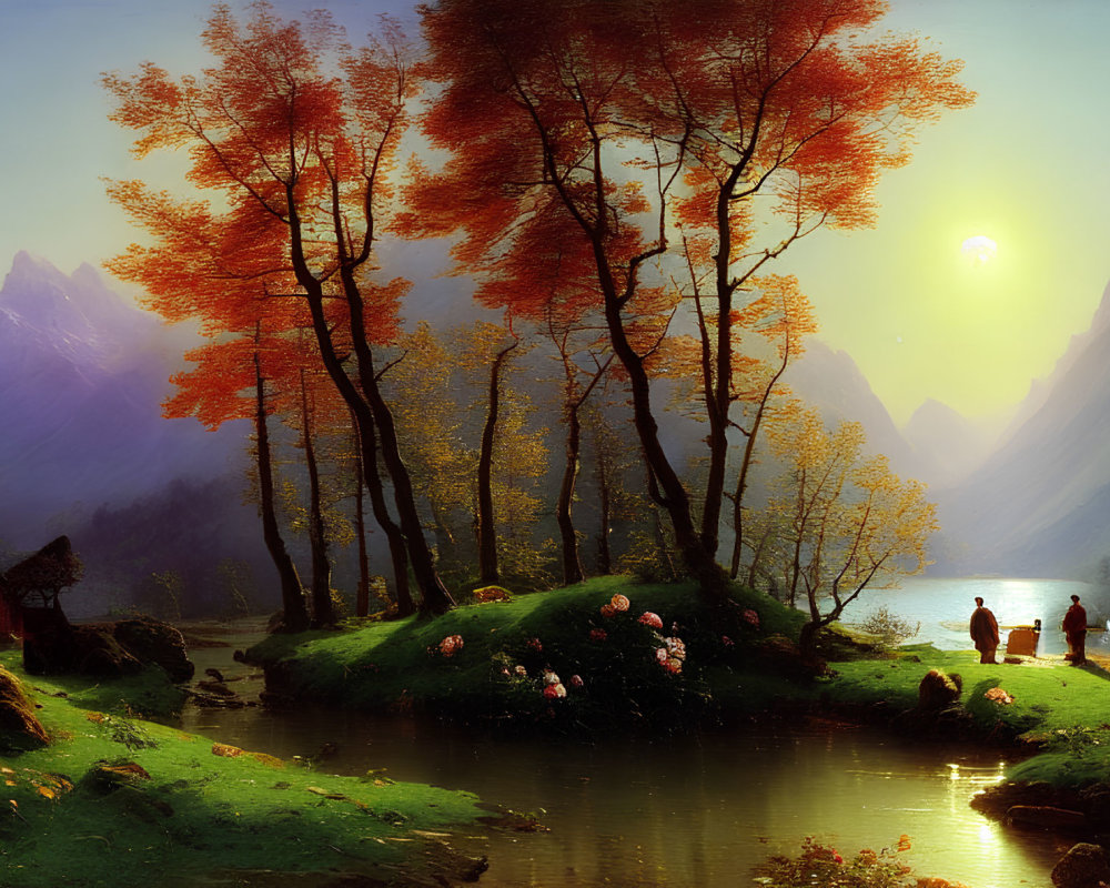 Tranquil autumn landscape with pond, house, mountains, and figures at sunset