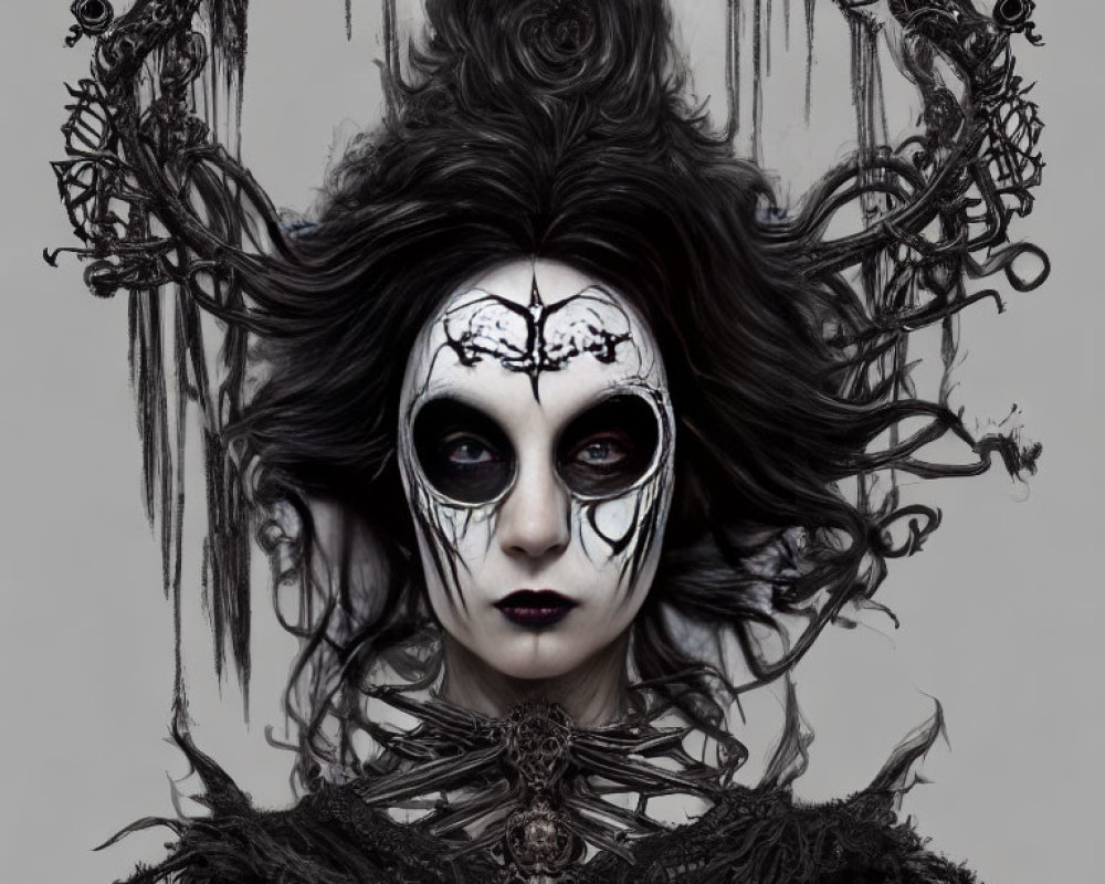 Dramatic black and white makeup with cracked designs and intricate branch-like headdress in gothic outfit