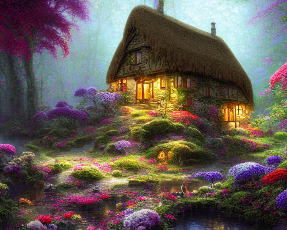 Thatched Roof Cottage Surrounded by Purple Flowers and Stream