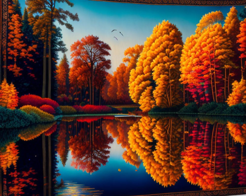 Tranquil lake reflects golden-orange autumn trees in decorative frame