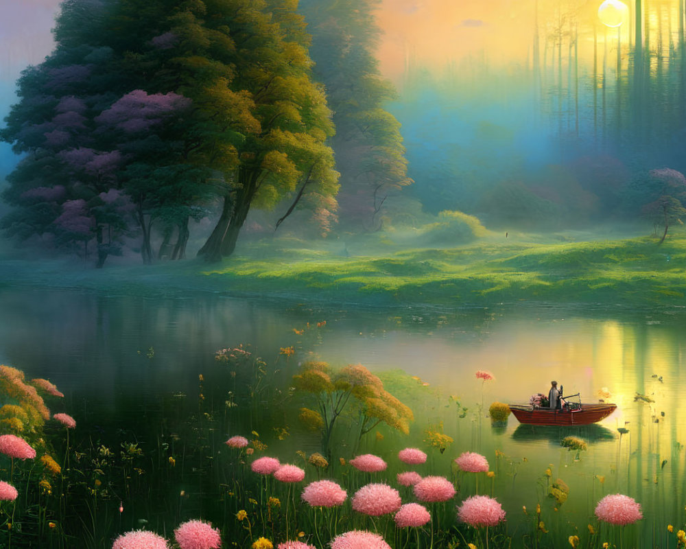 Tranquil landscape with boat on calm river and vibrant flora