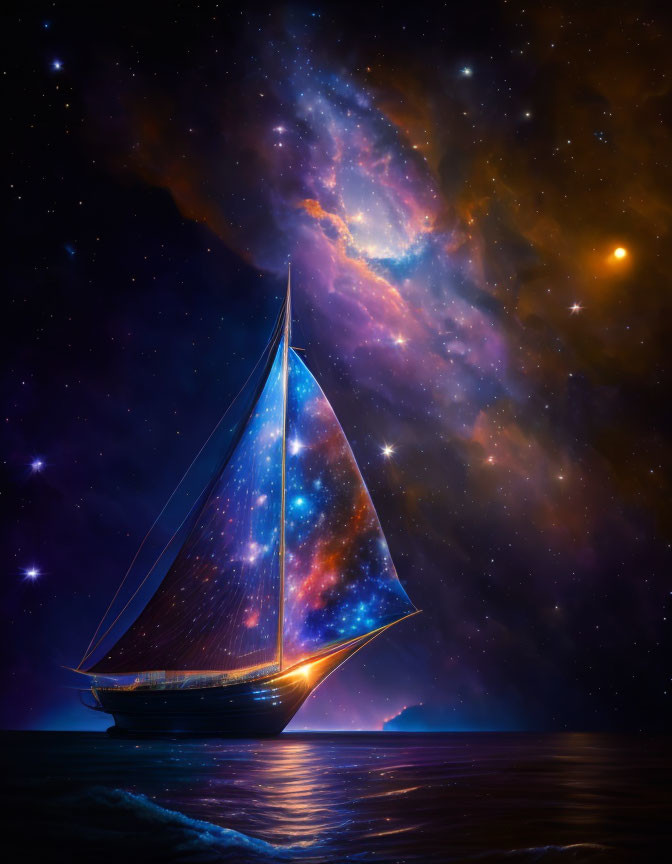Sailboat on Tranquil Water with Starry Sky and Cosmic Nebulae