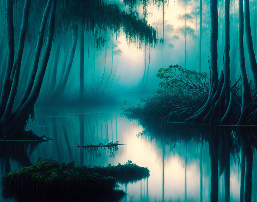 Misty Swamp with Tall Trees and Tranquil Blue Light
