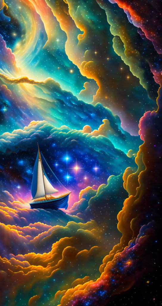 Sailboat sailing through cosmic clouds under starry sky