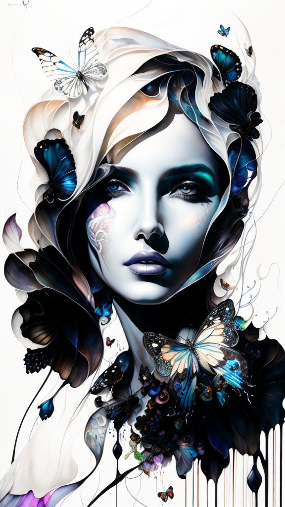 Woman's face with blue and white butterflies in artistic illustration