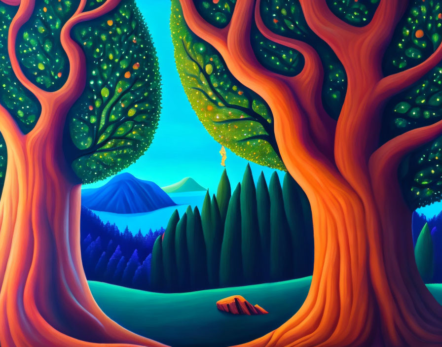 Colorful Landscape Painting with Large Trees, Rolling Hills, and Blue Mountains