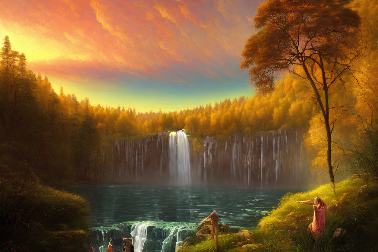 Serene waterfall in lush forest with dramatic sunset sky