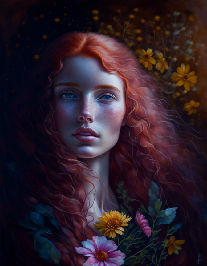 Vibrant red-haired woman with celestial blue eyes in nature setting