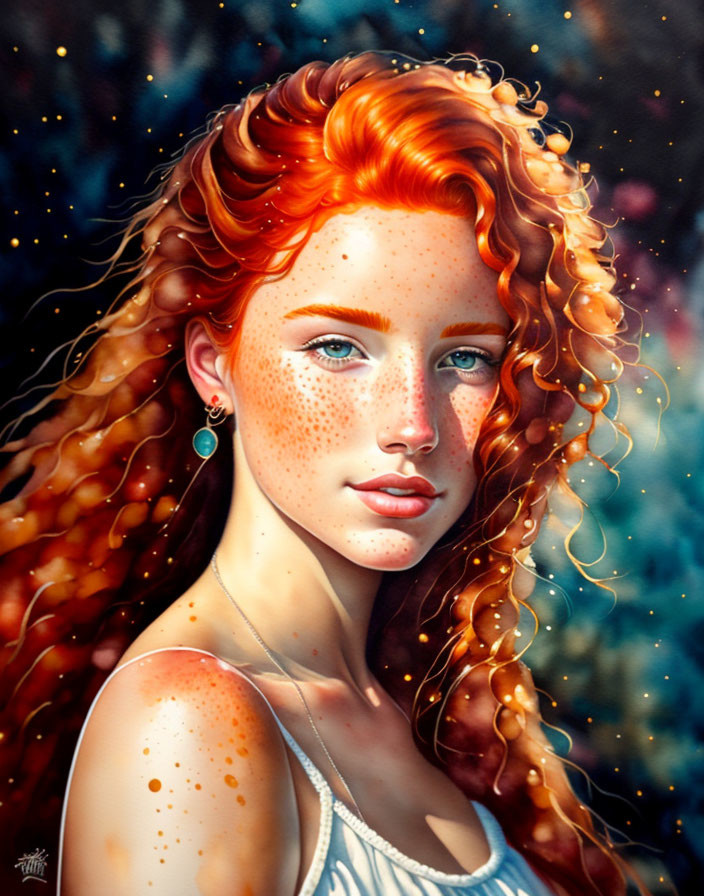 Portrait of Woman with Curly Red Hair and Freckles on Starry Background