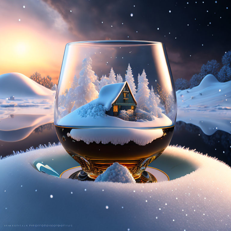 Snow Globe Illustration: Cozy Cottage in Winter Scene