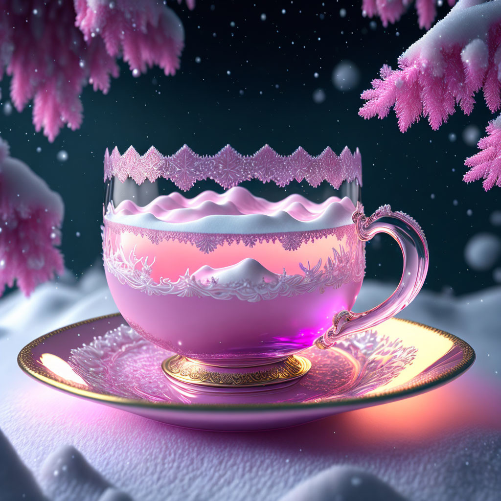 Pink teacup with white frost patterns on golden saucer in snowy cherry blossom setting