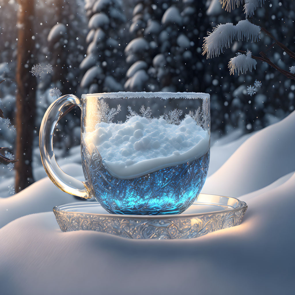 Translucent blue cup with frothy white top in snowy landscape