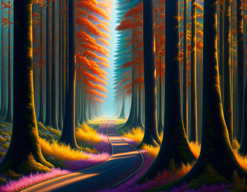 Vibrant mystical forest with winding road & colorful flora