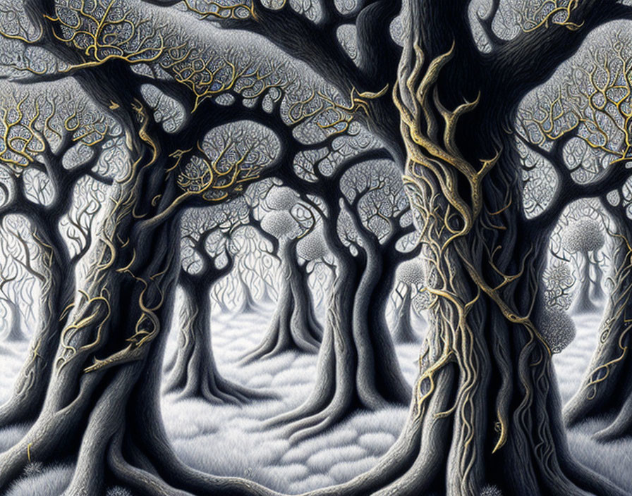 Surreal forest artwork with gnarled trees and vein-like branches