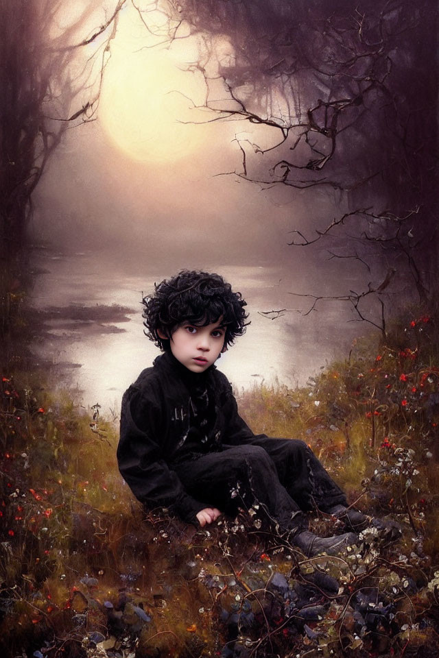 Curly-Haired Child in Surreal Misty Landscape with Moon or Sun