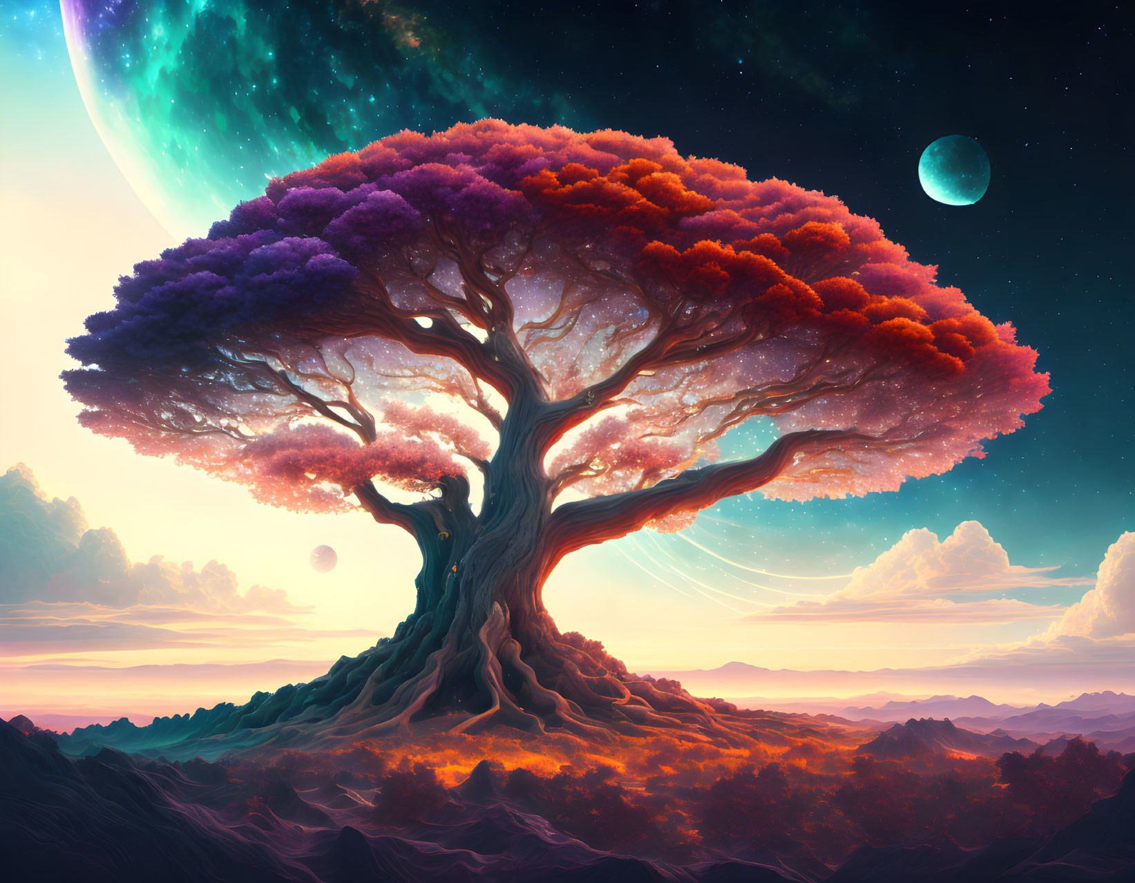 Surreal landscape with colossal fiery tree and celestial backdrop