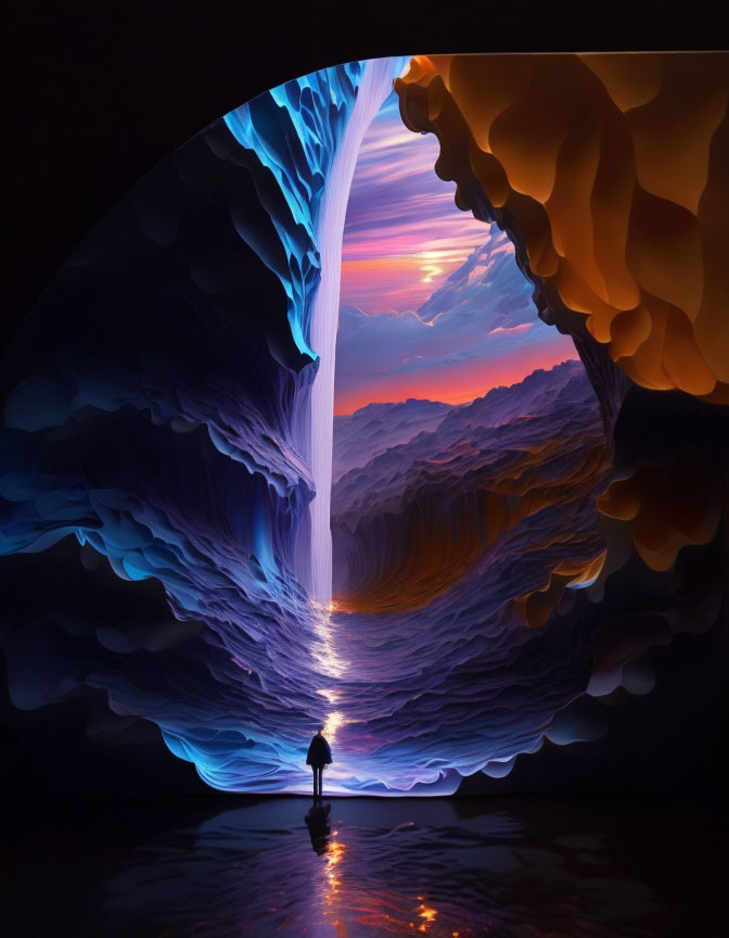 Silhouetted figure by ethereal waterfall in surreal cave at sunset
