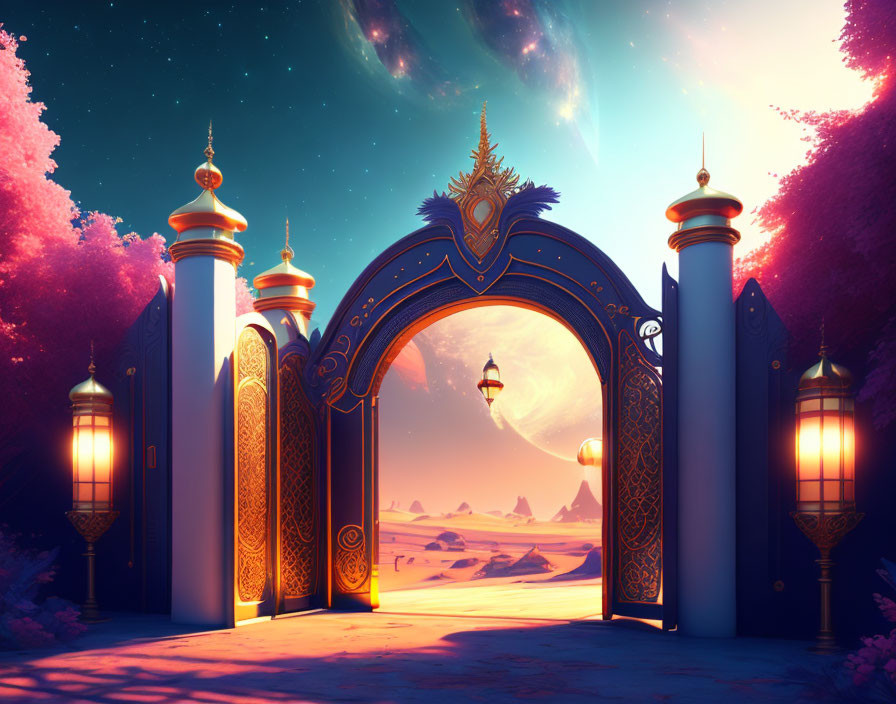 Fantasy gateway in desert landscape under twilight sky with lanterns and pink foliage