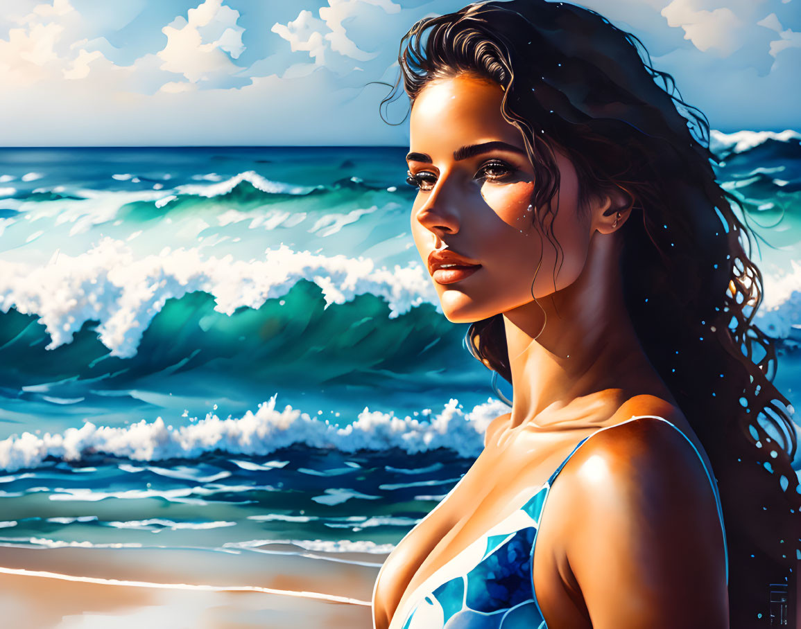 Serene woman in blue swimsuit by ocean waves