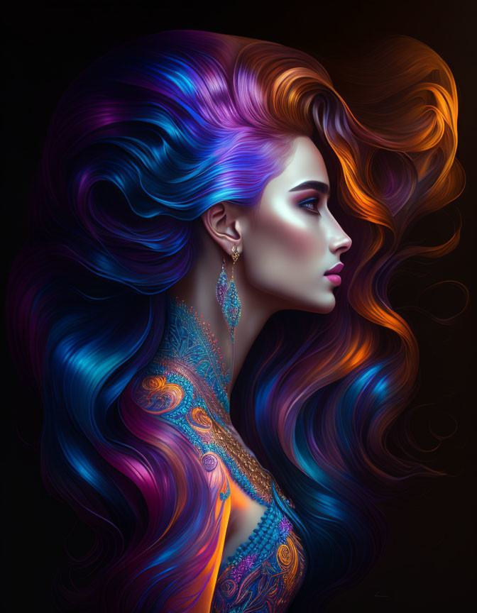 Vibrant digital art: Woman with flowing purple, blue, and orange hair & intricate clothing.