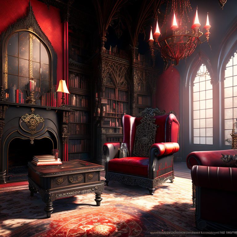 Luxurious Study with Grand Fireplace, Red Armchairs, Dark Wood Bookcase, Ornate Ch