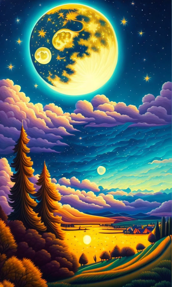 Stylized landscape with starry night sky, crescent moon, clouds, trees, hills