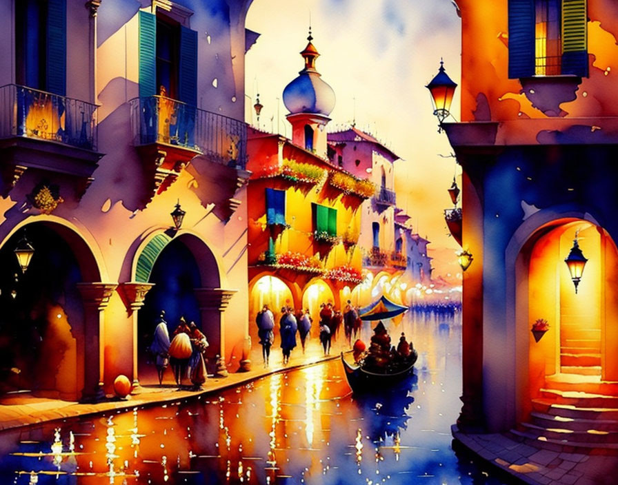 Colorful watercolor painting of illuminated canal scene with people and boat, reflecting festive lights
