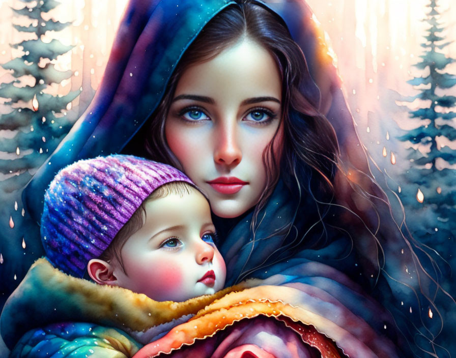 Woman with Blue Eyes Holding Infant in Winter Scene