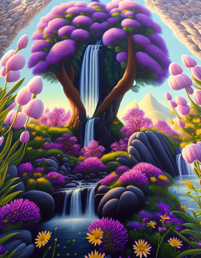 Majestic tree with purple foliage in vibrant fantasy landscape