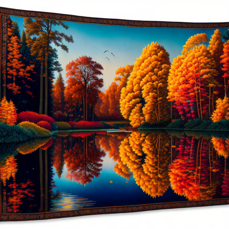 Tranquil lake reflects golden-orange autumn trees in decorative frame