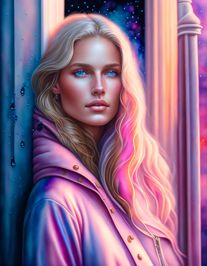 Blond woman with blue eyes in pink coat by rainy window in cosmic setting