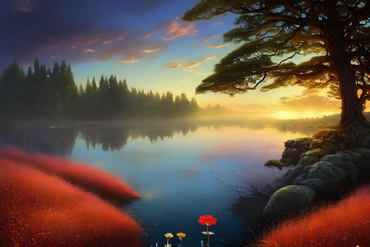 Serene Sunrise Scene: Lake, Silhouetted Trees, Red Flowers