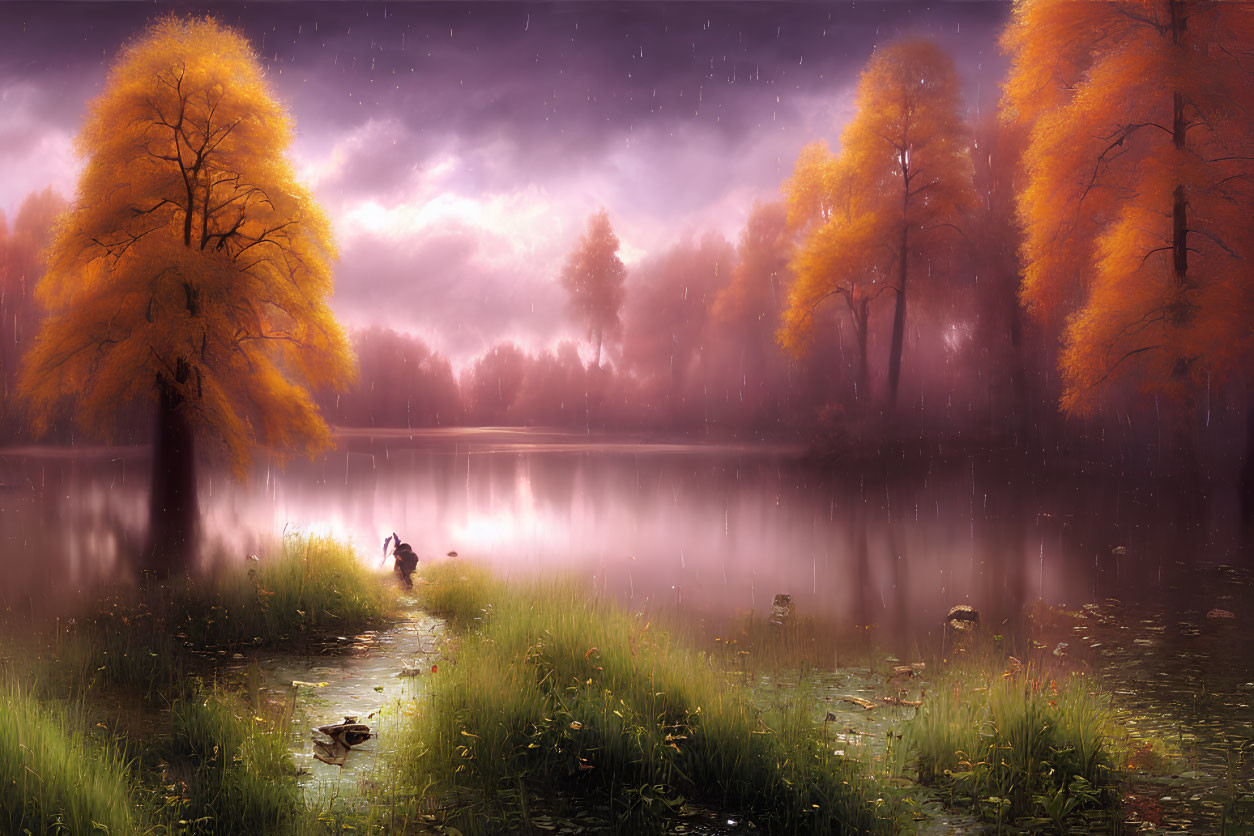 Tranquil autumn landscape with golden trees, lake reflection, person, dog, rain, and soft