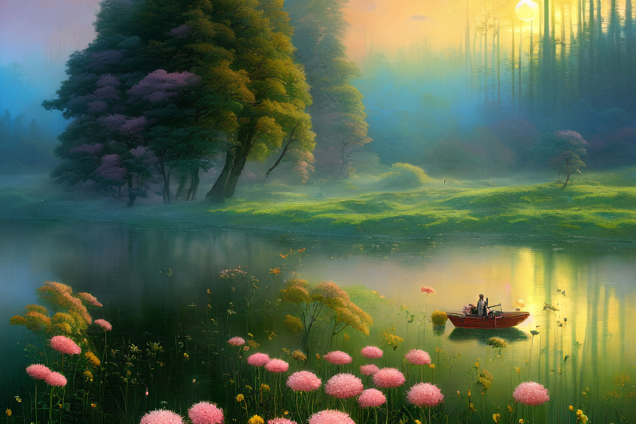 Tranquil landscape with boat on calm river and vibrant flora