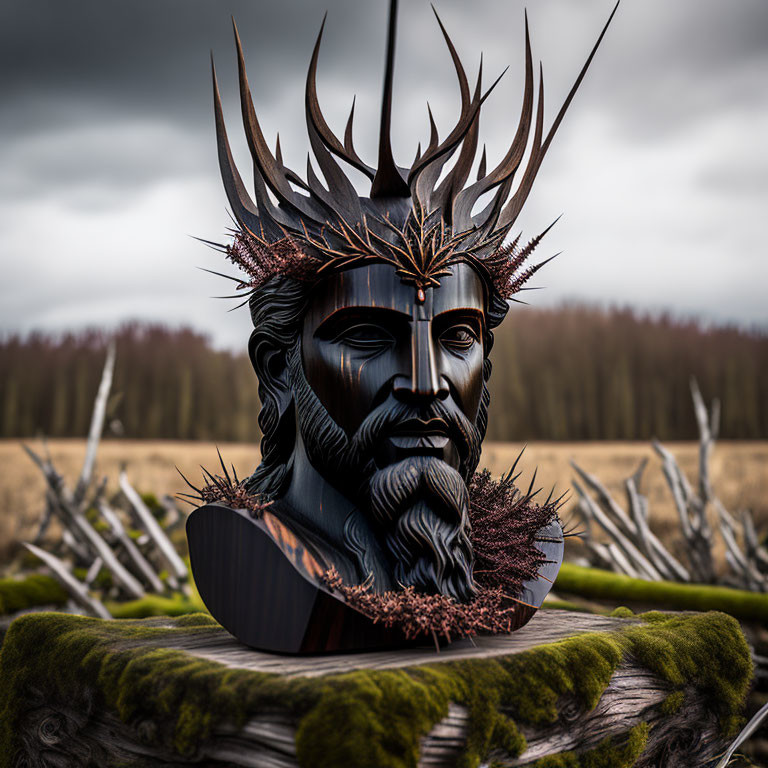 Bearded man sculpture with ornate crown in barren field