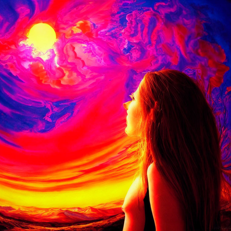 Woman gazing at vibrant sunset with red, orange, and purple clouds.