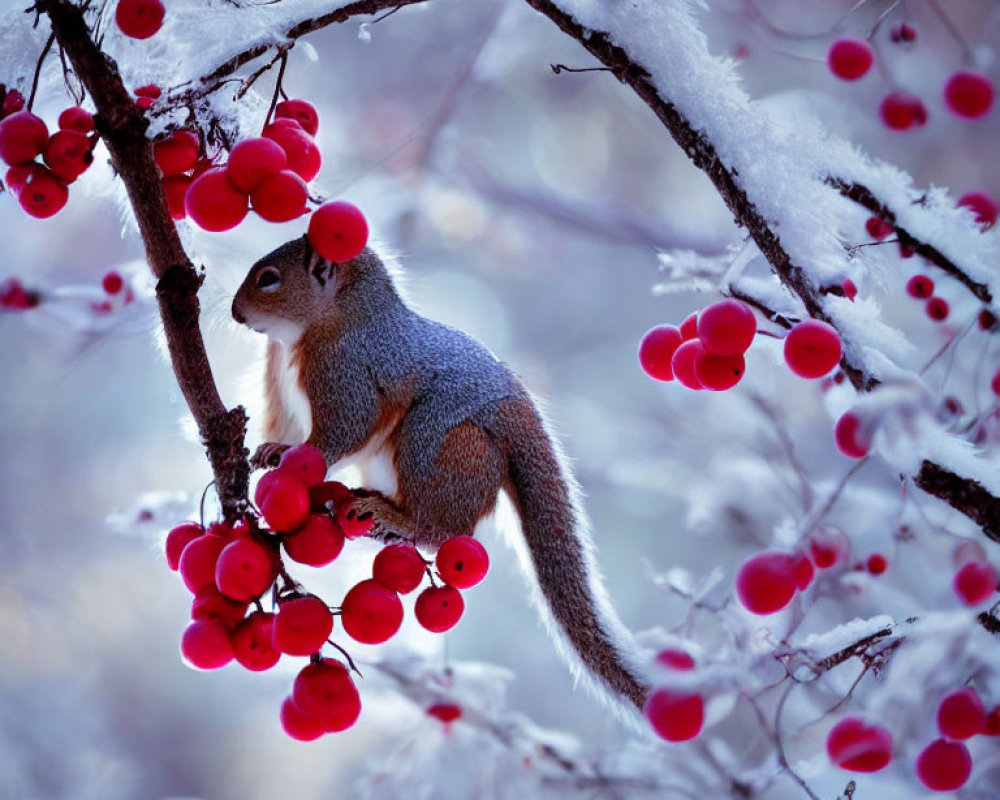 Squirrel on snowy branch with red berries in winter scene