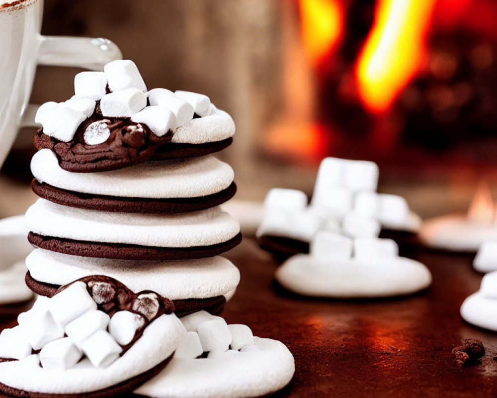 Cozy Fireplace Scene with Chocolate Cookies, Marshmallows, and Coffee