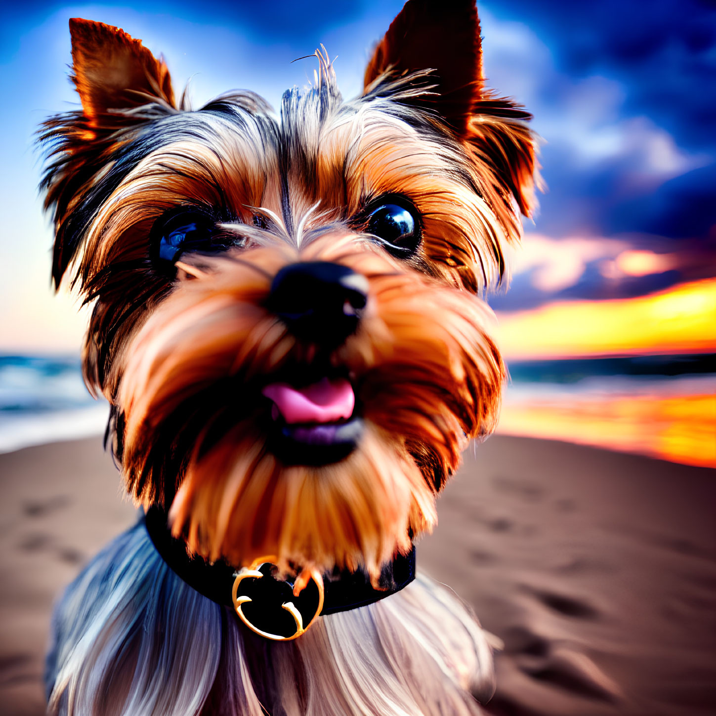 Yorkshire Terrier with glossy coat on beach at sunset with vibrant skies