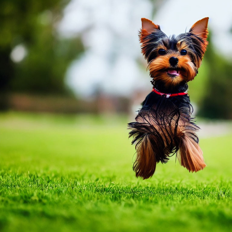 Yorkshire Terrier with glossy coat playing on green lawn with red collar